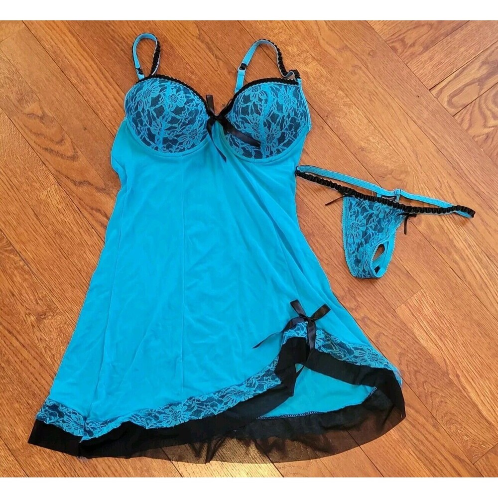 Vtg Y2K Rampage Bustier Camisole & Thong Panties Sz M Turquoise Lace Padded